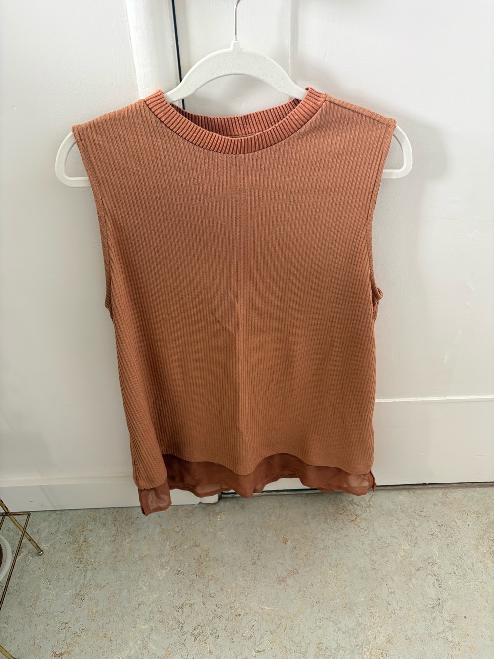 Sleeveless Ribbed Tank with Mesh Hem Top in Dusty Rose